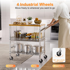 3-Tier Rolling Kitchen Cart with Wood Top