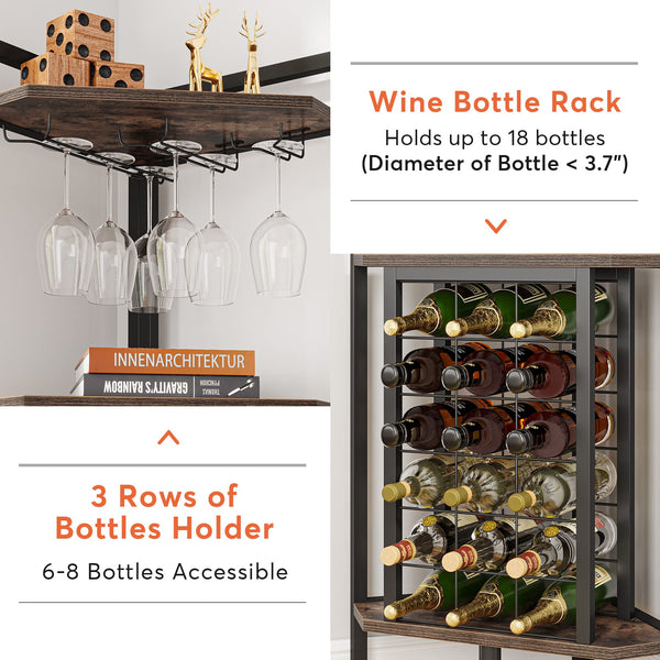 4-Tier Industrial Corner Wine Rack with Glass Holders – Rustic Brown
