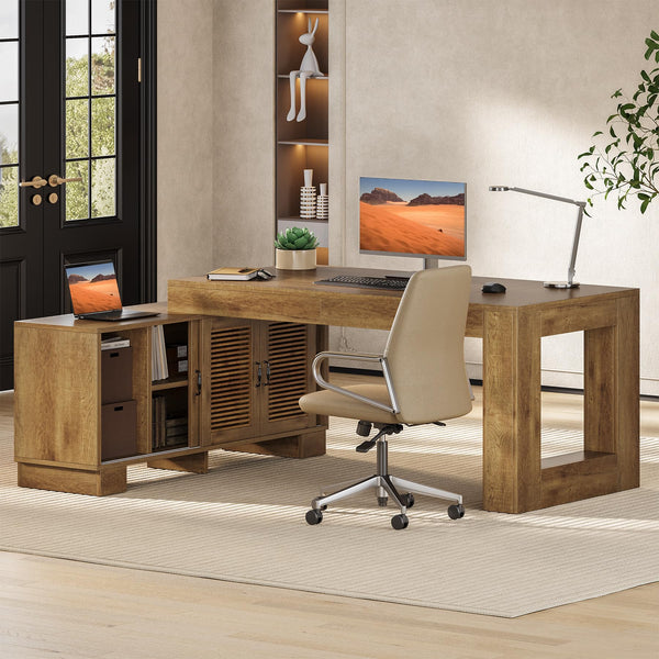 L-Shaped Executive Desk with Storage Cabinets & Shelves