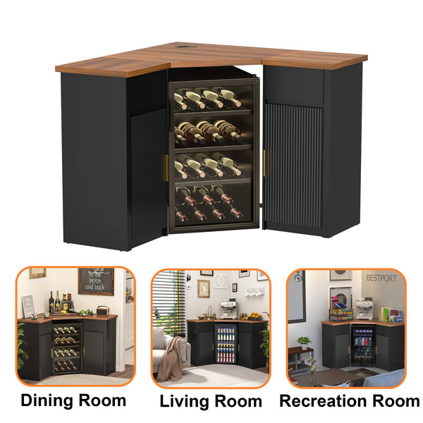 L-Shaped Corner Bar Cabinet with Fridge Space