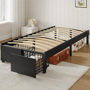 Bed Frame with 2 Storage Drawers and Wooden Slats, No Box Spring Needed