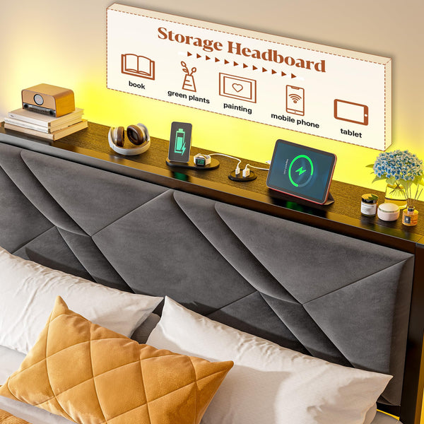 Queen Bed Frame with Storage Drawers, LED Lights & Charging Station