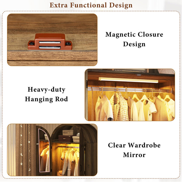 2-Door Arched Armoire Wardrobe with Mirror, Lights & Drawers