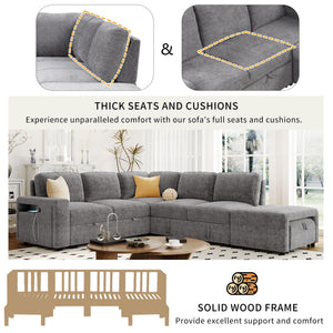 L-Shaped Modular Sectional Sofa with Storage Ottoman, USB Ports & Cup Holder