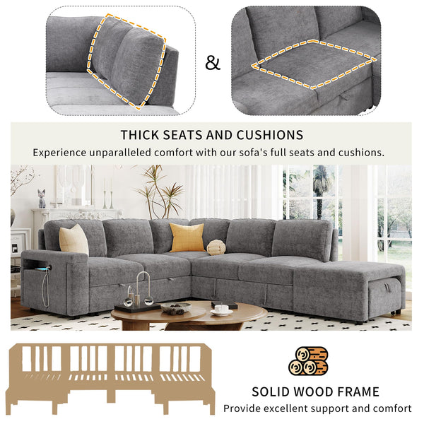 L-Shaped Modular Sectional Sofa with Storage Ottoman, USB Ports & Cup Holder
