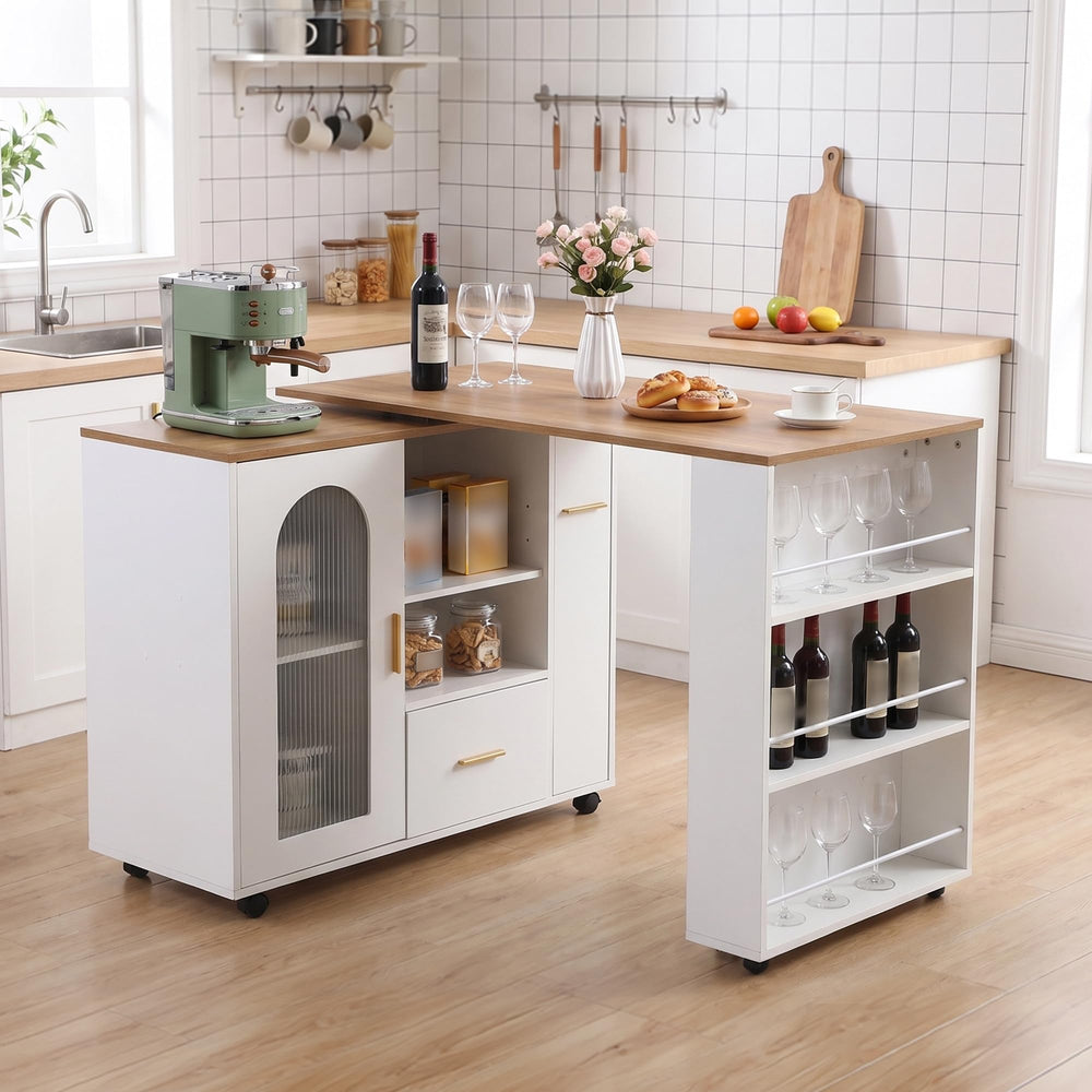 Swivel Kitchen Island with Storage, Drawers & Shelves