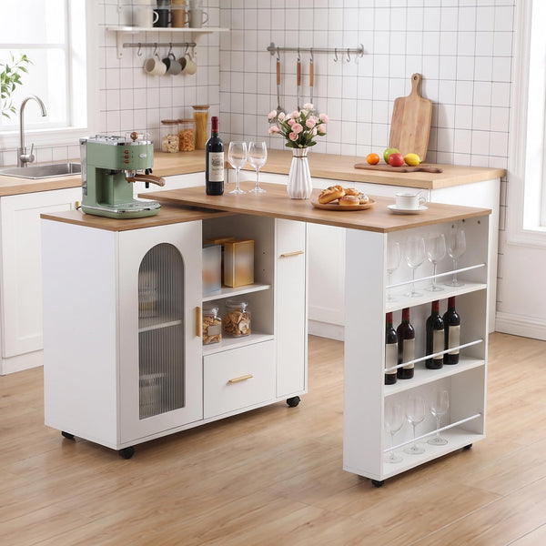 Swivel Kitchen Island with Storage, Drawers & Shelves