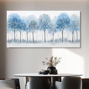Blue Forest Canvas Wall Art – White Misty Trees Landscape, Multiple Sizes