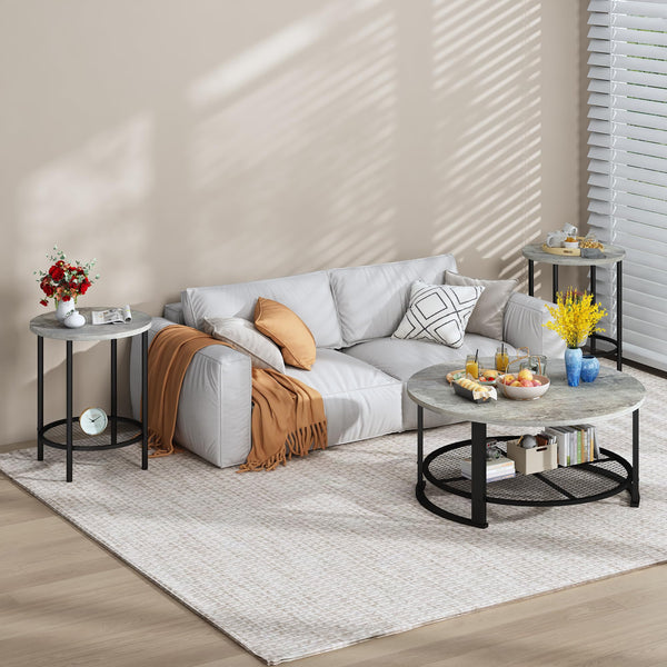 Round Coffee Table and End Table Set of 3 with Storage