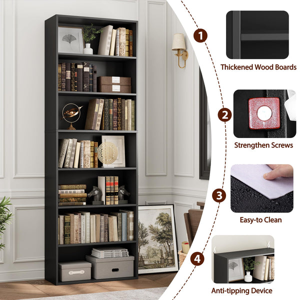 7-Tier Tall Bookshelf – Open Shelves Freestanding Bookcase