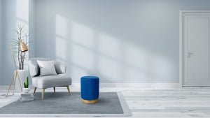 Velvet Round Ottoman Foot Stool – Lattice Design, Gold Trim, Blue