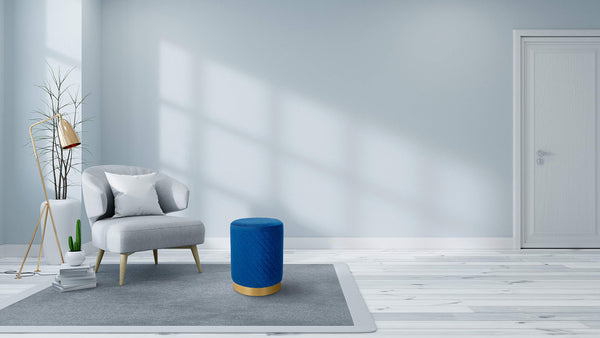 Velvet Round Ottoman Foot Stool – Lattice Design, Gold Trim, Blue