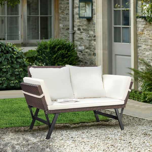 Outdoor Rattan Convertible Sofa Daybed with Adjustable Armrests