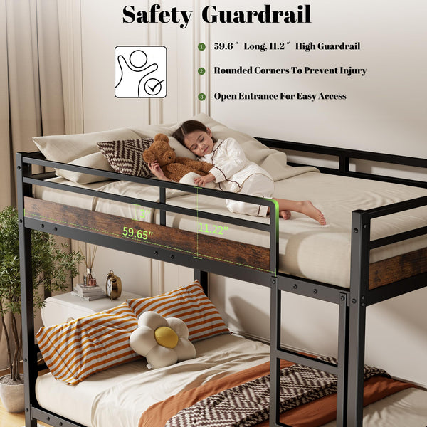 Twin Over Twin Metal Bunk Bed with Guard Rails