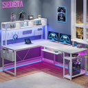 L-Shaped Gaming & Home Office Desk with Power Outlet, LED Lights & Pegboard