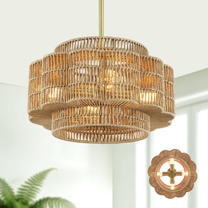 Petal-Shaped Boho Rattan Chandelier – Handwoven Pendant Light