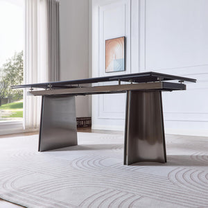 Extendable Dining Table for 8–12 Seats | Rock Plate & Tempered Glass Top | Stainless Steel Legs | Pure Black