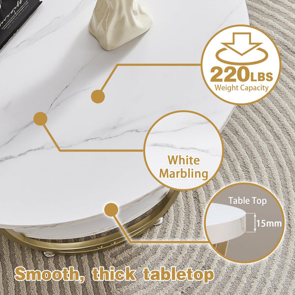 Round Coffee Table with Storage, 30" Marble White Top & Gold Frame