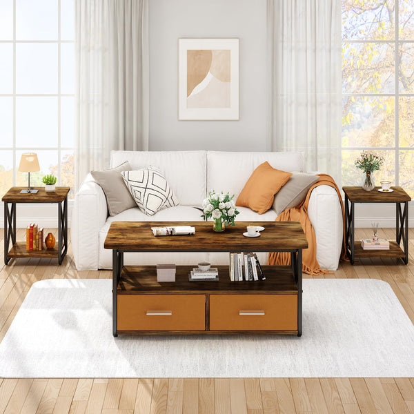 3 Piece Coffee Table Set with Fabric Drawers and Storage Shelves