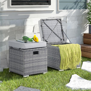 Outdoor Storage Ottoman Set of 2 – PE Rattan Wicker with Cushion