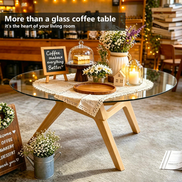 Round Glass Coffee Table with Wood Frame