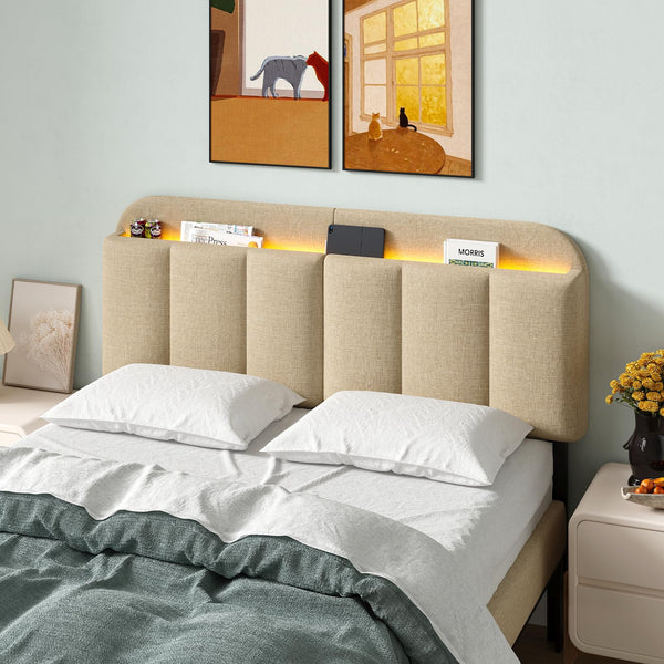 Adjustable Linen Headboard with RGB LED & Storage – Full/Queen/King