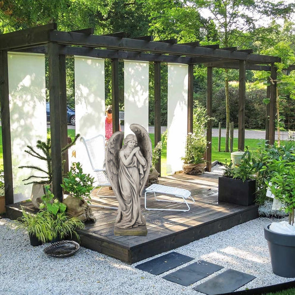 Large Outdoor Angel Garden Statue – 34 Inch Resin Concrete Finish