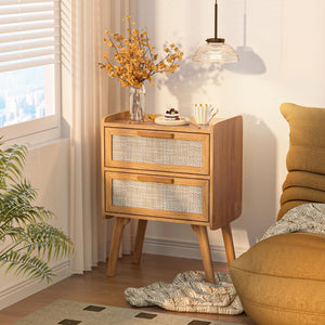 Boho Rattan Nightstand with 2 Drawers & Solid Wood Legs