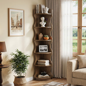 6-Tier Corner Bookshelf with Wave-Shaped Design, 71" Tall