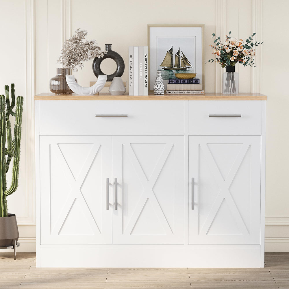 Farmhouse Sideboard Buffet Cabinet with Storage – 3 Barn Doors, 2 Drawers