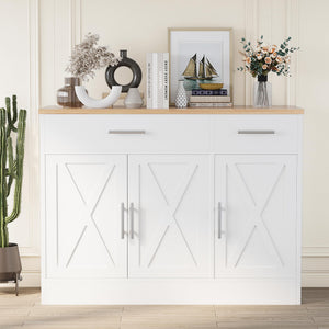 Farmhouse Sideboard Buffet Cabinet with Storage – 3 Barn Doors, 2 Drawers