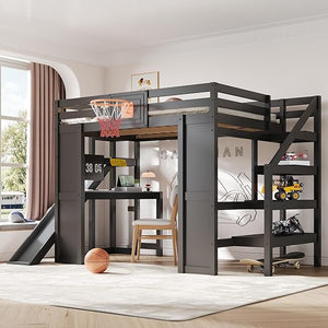 Full Size Kids Loft Bed with Slide, Desk & Storage