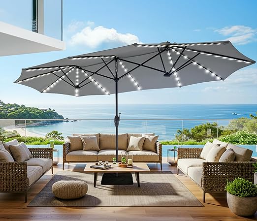 13ft Double-Sided Patio Umbrella with 120 LED Solar Lights & 12 Ribs