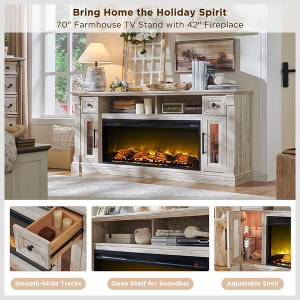 Farmhouse Fireplace TV Stand with 42" Electric Fireplace – 70" Wide, Fits TVs Up to 80"