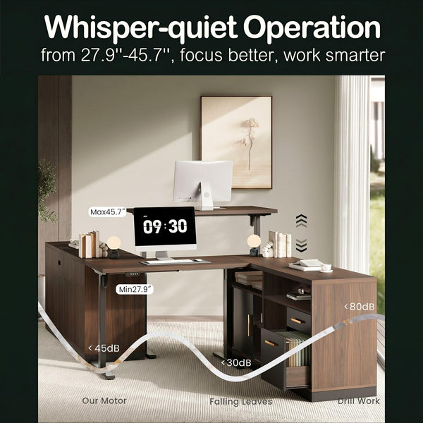 67" L-Shaped Electric Standing Desk with File Cabinets