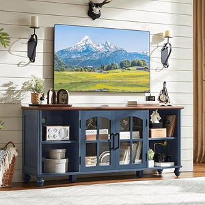 Farmhouse TV Stand with Glass Doors & Storage