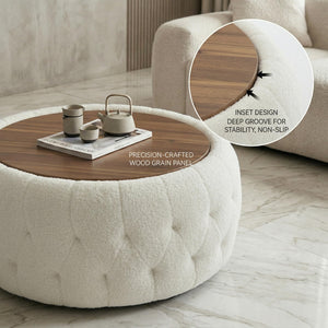 Round Storage Ottoman with Wooden Tabletop