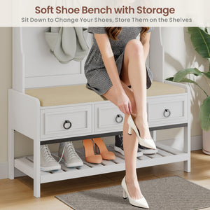 Farmhouse Hall Tree with LED Lights, Cushioned Bench & Shoe Storage