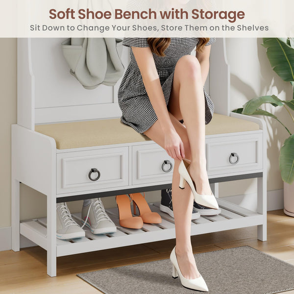 Farmhouse Hall Tree with LED Lights, Cushioned Bench & Shoe Storage