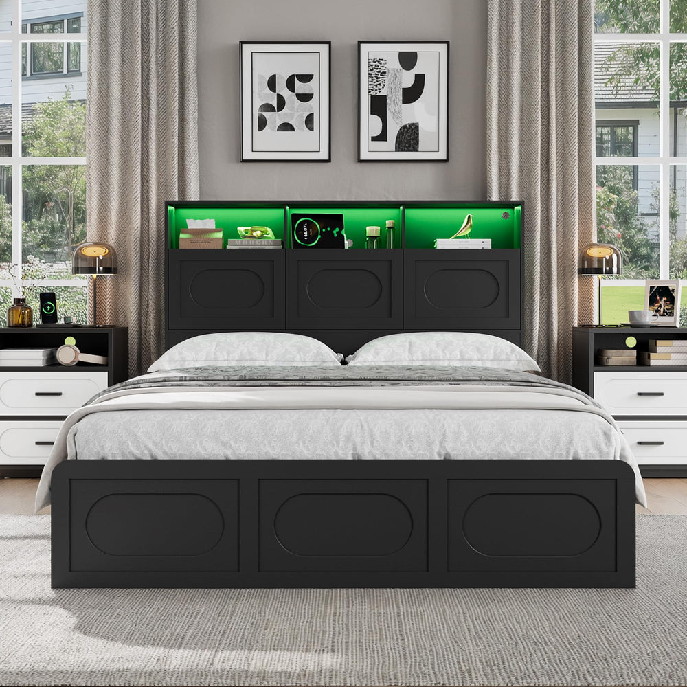 Queen Bed Frame with Storage Headboard, Drawers & Charging Station