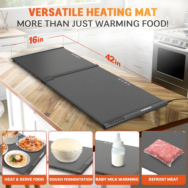 XXL Electric Food Warming Mat – 42"x16" Extendable Silicone Countertop Warmer