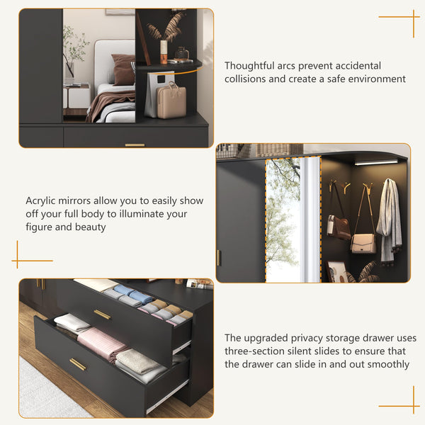 Large Wardrobe Closet with Mirror & Sensor Light – 5 Doors, 2 Drawers