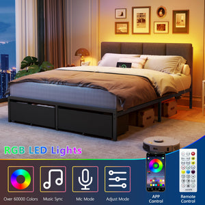 Queen Bed Frame with LED Lights, Storage Drawers & Charging Station