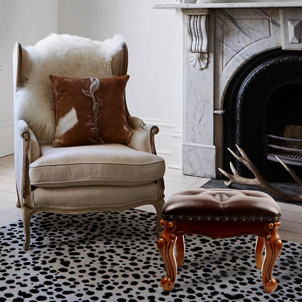 Solid Wood Leather Footstool Ottoman