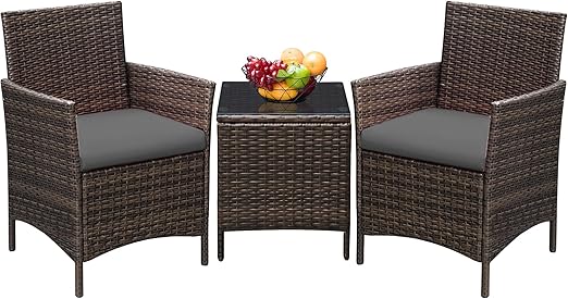 3-Piece Outdoor Rattan Patio Furniture Set with Cushions & Glass Table
