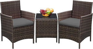 3-Piece Outdoor Rattan Patio Furniture Set with Cushions & Glass Table