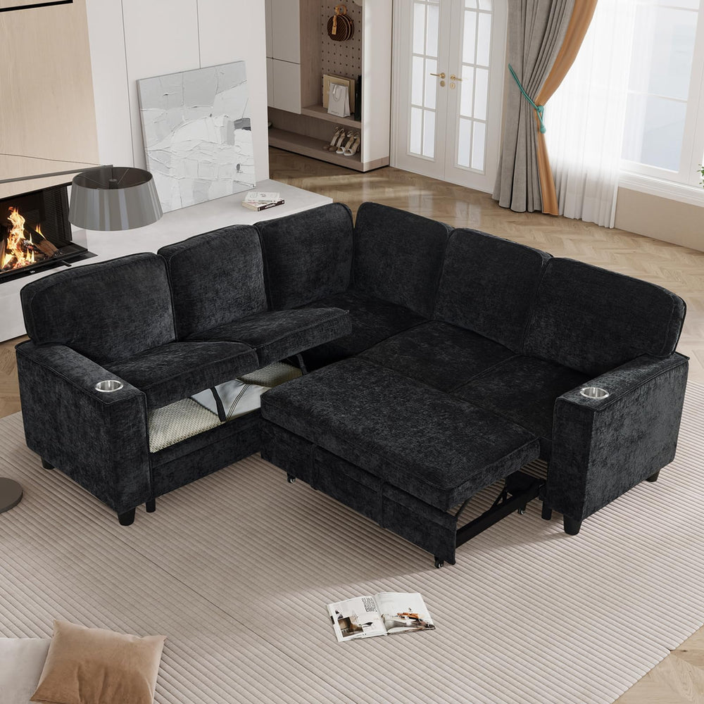 L-Shaped Sectional Sleeper Sofa with Pull-Out Bed & Storage