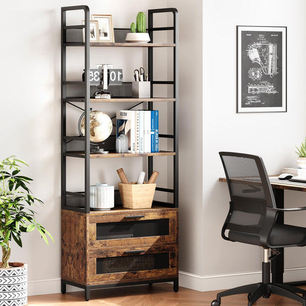 Industrial Bookshelf with Drawers & 4-Tier Open Shelves