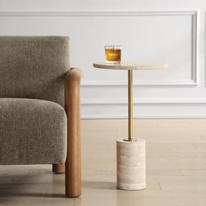 Travertine Top Round Accent End Table – Rich Brass Metal Stem