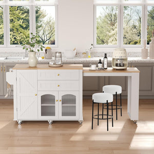 Extendable Rolling Kitchen Island with Storage Cabinet, Drawers & Shelves